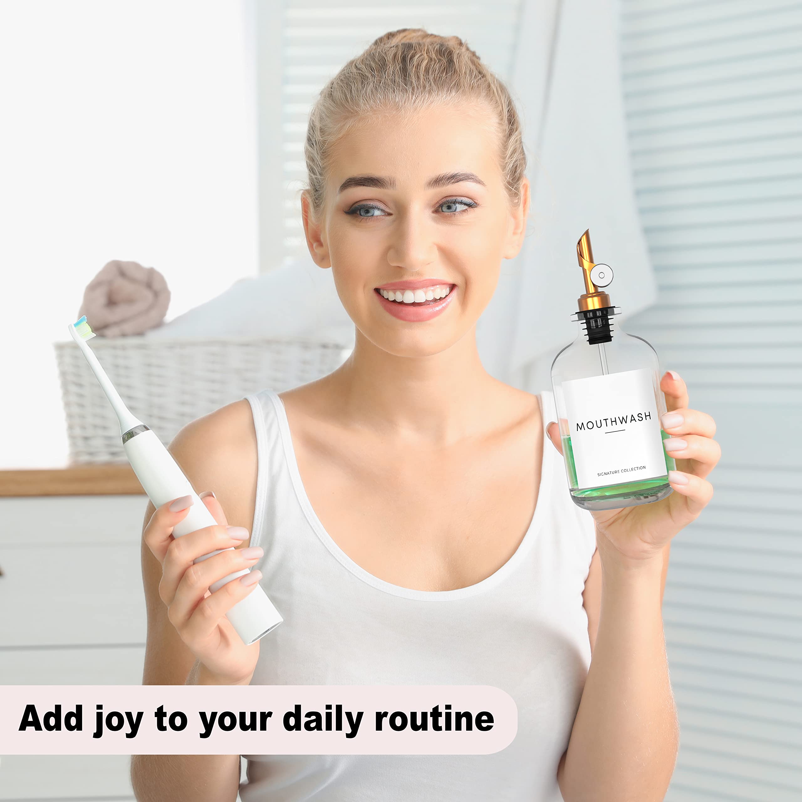 Washee Mouthwash Dispenser For Bathroom - Glass Mouthwash Container (12.7 Oz) With Weighted Pour Spout & 4 Mouthwash Bottle Labe